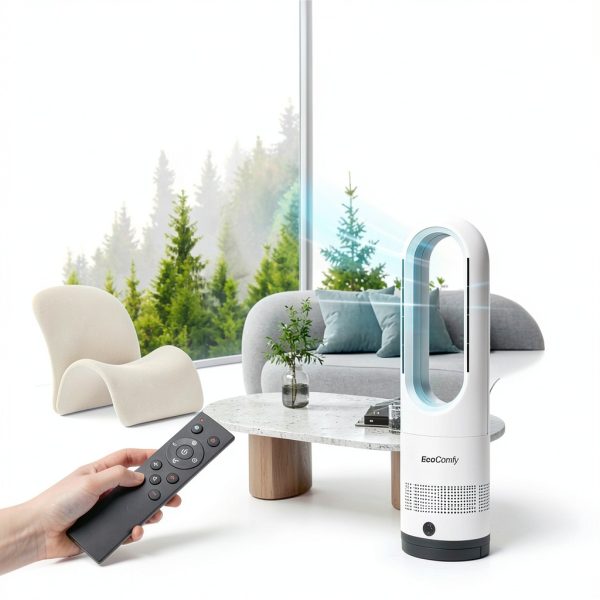 Ecocomfy Bladeless Tower Fan Heater White 22inch Cool+Heater-4