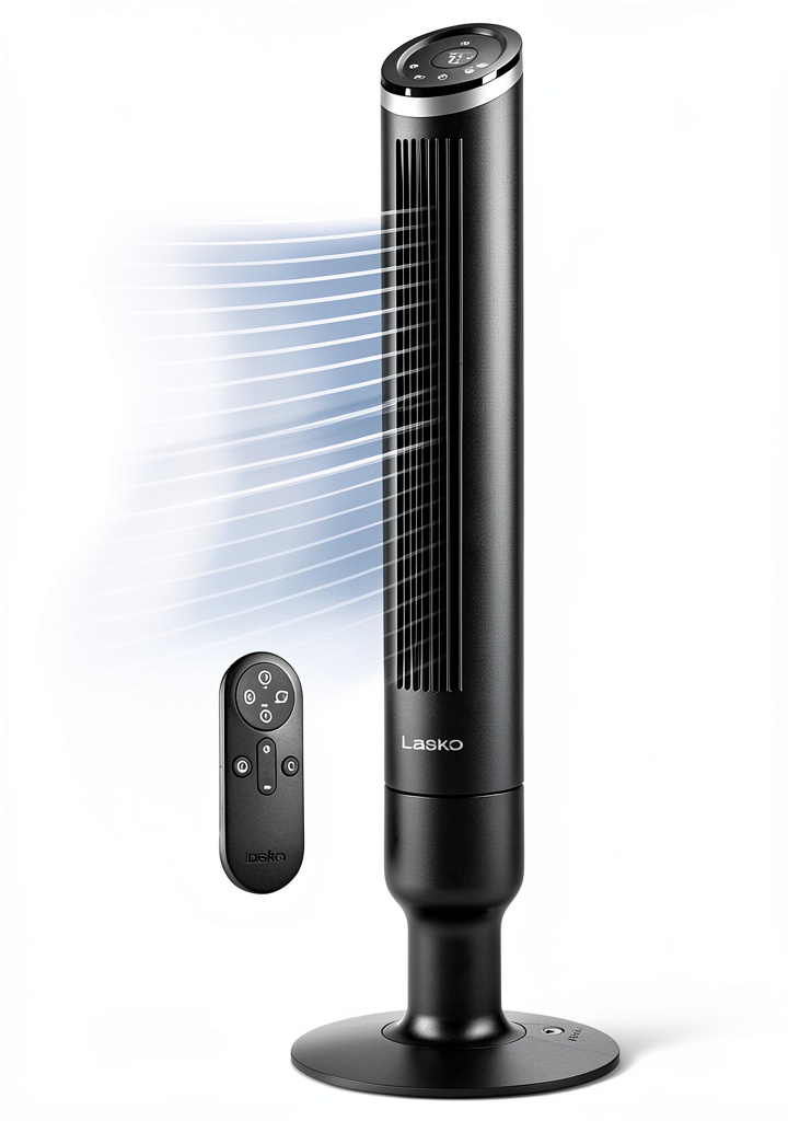 Lasko tower fan in a modern living room setting